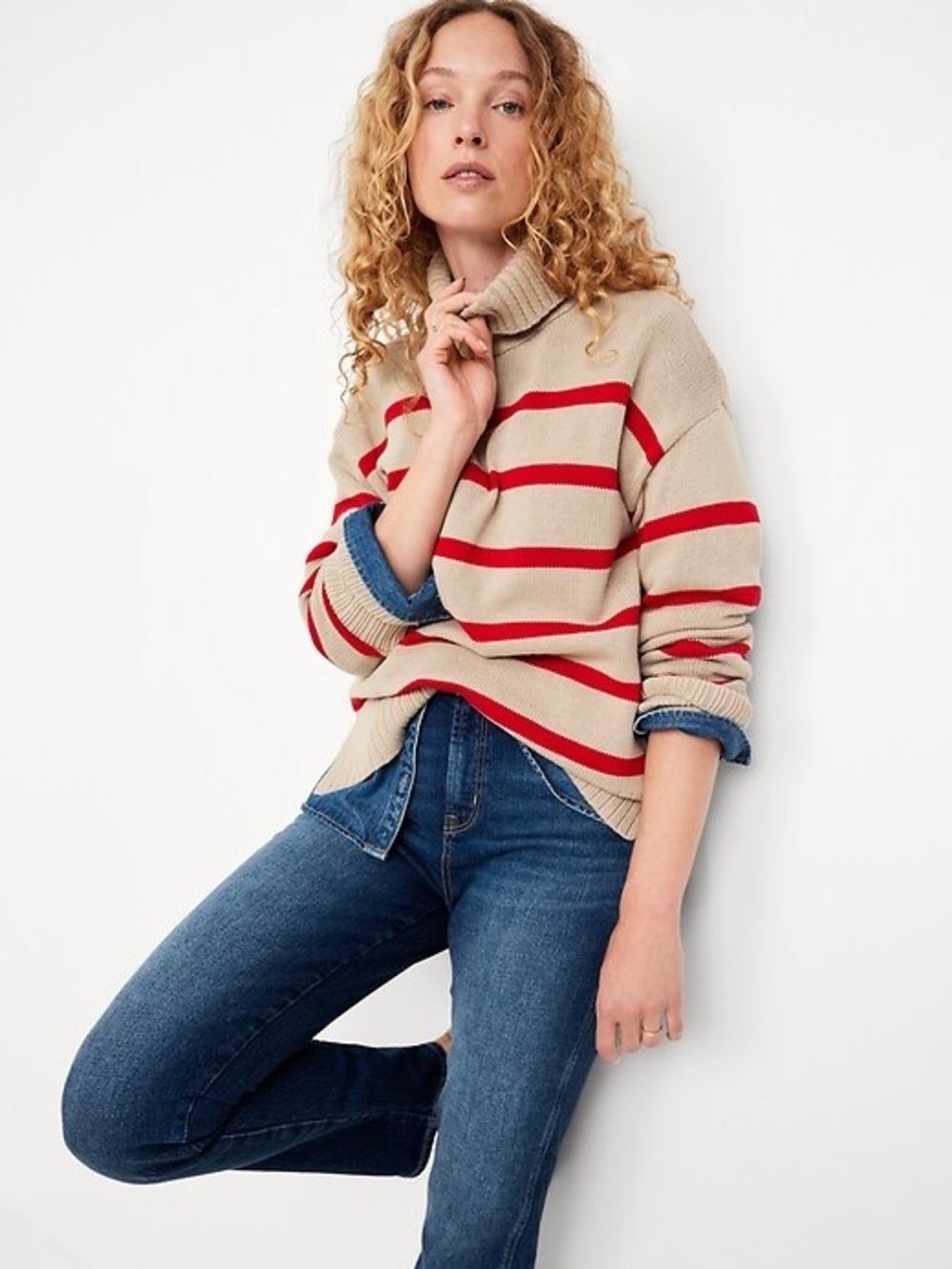 Old Navy Beige Turtleneck Sweater with Red Stripes